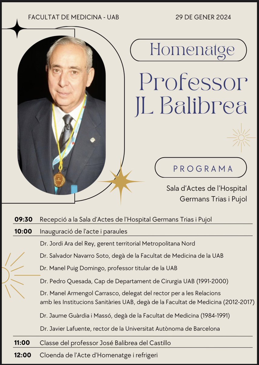 Jose M. Balibrea MD, PhD, FACS (@balibreajose) on Twitter photo El pròxim 29 de gener a les 9:30h en <a href="/hgermanstrias/">Hosp. Germans Trias</a>, la <a href="/UABBarcelona/">Universitat Autònoma de Barcelona</a> ret homenatge al Professor Balibrea.
Esteu tots convidats a celebrar la vida d'un dels pilars sobre els quals es va construir la seva Facultat de Medicina, figura fonamental de la Cirurgia Acadèmica El pròxim 29 de gener a les 9:30h en <a href="/hgermanstrias/">Hosp. Germans Trias</a>, la <a href="/UABBarcelona/">Universitat Autònoma de Barcelona</a> ret homenatge al Professor Balibrea.
Esteu tots convidats a celebrar la vida d'un dels pilars sobre els quals es va construir la seva Facultat de Medicina, figura fonamental de la Cirurgia Acadèmica