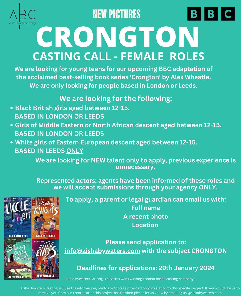 ** OPEN CASTING CALL** Looking for lead female roles for a TV show based on the Crongton book series.

Please share.

#CASTINGCALL #opencall #crongton