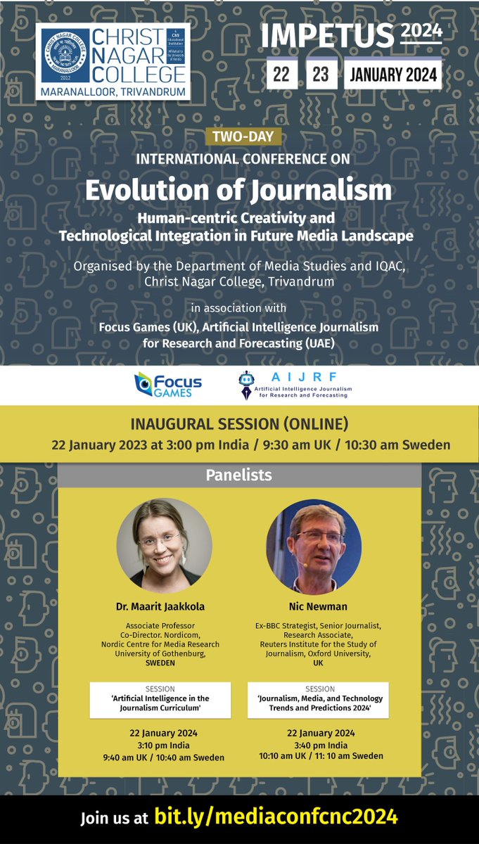 Join the opening session of #IMPETUS2024 International Media Conference. Expert sessions by Dr Maarit Jaakkola @maaritjii @Nordicom_GU and Nic Newman @nicnewman @risj_oxford #Journalism #Media Date: Monday 22 January 2024 Time: 3 pm India Time / 9:30 am UK / 10:30 am CET