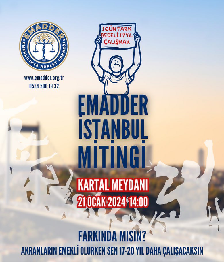 #EmeklilikteAdalet mücadelemizi büyütelim! @EmadDernegi tarafından düzenlenen İstanbul Mitingine DİSK Genel Başkanı @ArzuCerkezoglu ve DİSK İstanbul Bölge Temsilcisi @asalettinarslan da katılacak. 📆 21 Ocak 2014 Pazar 🕑 14:00 📍Kartal Meydanı