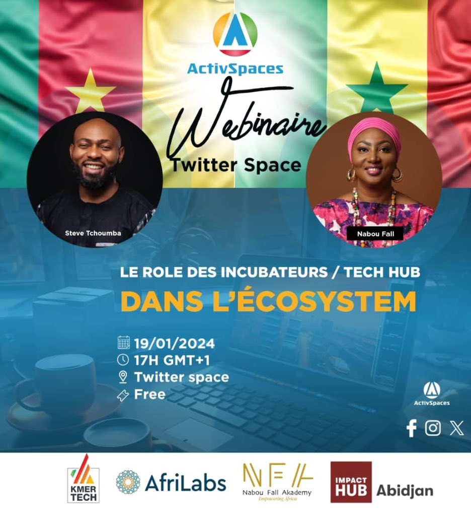 🇨🇲 and 🇸🇳 highlighting the impact incubators / tech hubs have had on local communities and beyond. Don't miss out on this valuable knowledge!

Spread the word and invite your friends  to join us at 5pm via 👇🏽
 x.com/i/spaces/1lDGL…

#TechHubsWebinar #activspaces #incubators