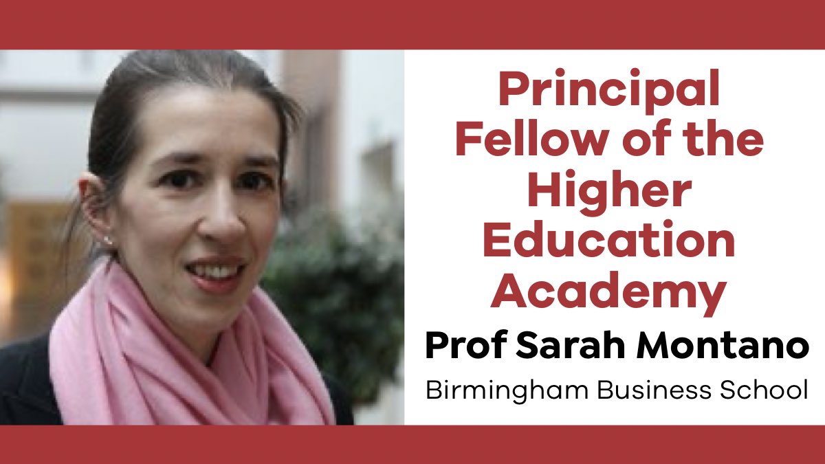 Huge congratulations to Professor Sarah Montano of the @UoB_Business @CoSS_Birmingham on the achievement of #PFHEA @AdvanceHE. She has demonstrated a sustained record of effectiveness in strategic leadership of high-quality learning, including extensive impact.