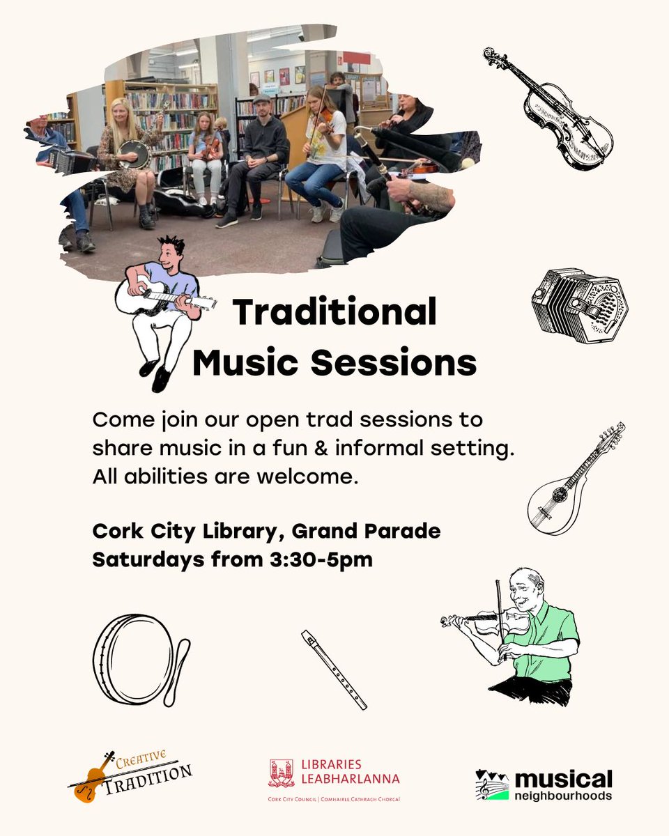 Our Cork City sessions are back this Saturday at the new time of 3:30-5pm. All welcome to come pop by to play a tune, sing a song or just listen and chat. Thanks so much to our community musicians, @corkcitylibrary @corkcitycouncil @MusicalNeighbo for making it possible 🎻