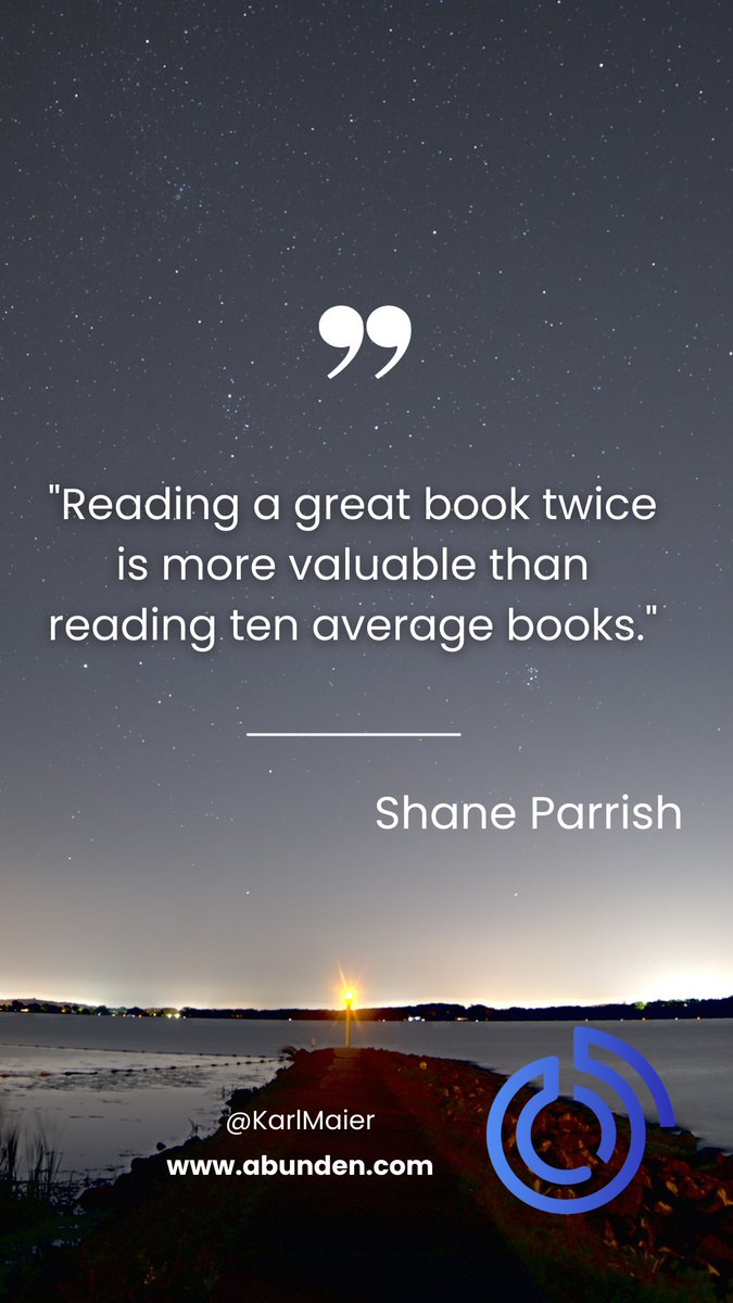 kkmaier's tweet photo. In the words of Shane Parrish, 'Reading a great book twice is more valuable than reading ten average books.' Quality over quantity — a reminder to savor and deeply understand the profound insights within exceptional literature. https://t.co/L9FdWtCI5i