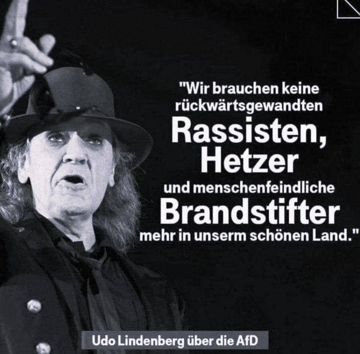 goia's tweet photo. "Wir brauchen keine rückwärtsgewandten Rassisten, Hetzer und menschenfeindliche Brandstifter mehr in unserem Land.
Wir brauchen echte Lösungen für die ganzen Herausforderungen unserer Zeit."
#UdoLindenberg
#HamburgStehtAuf https://t.co/9QrQsEz20O