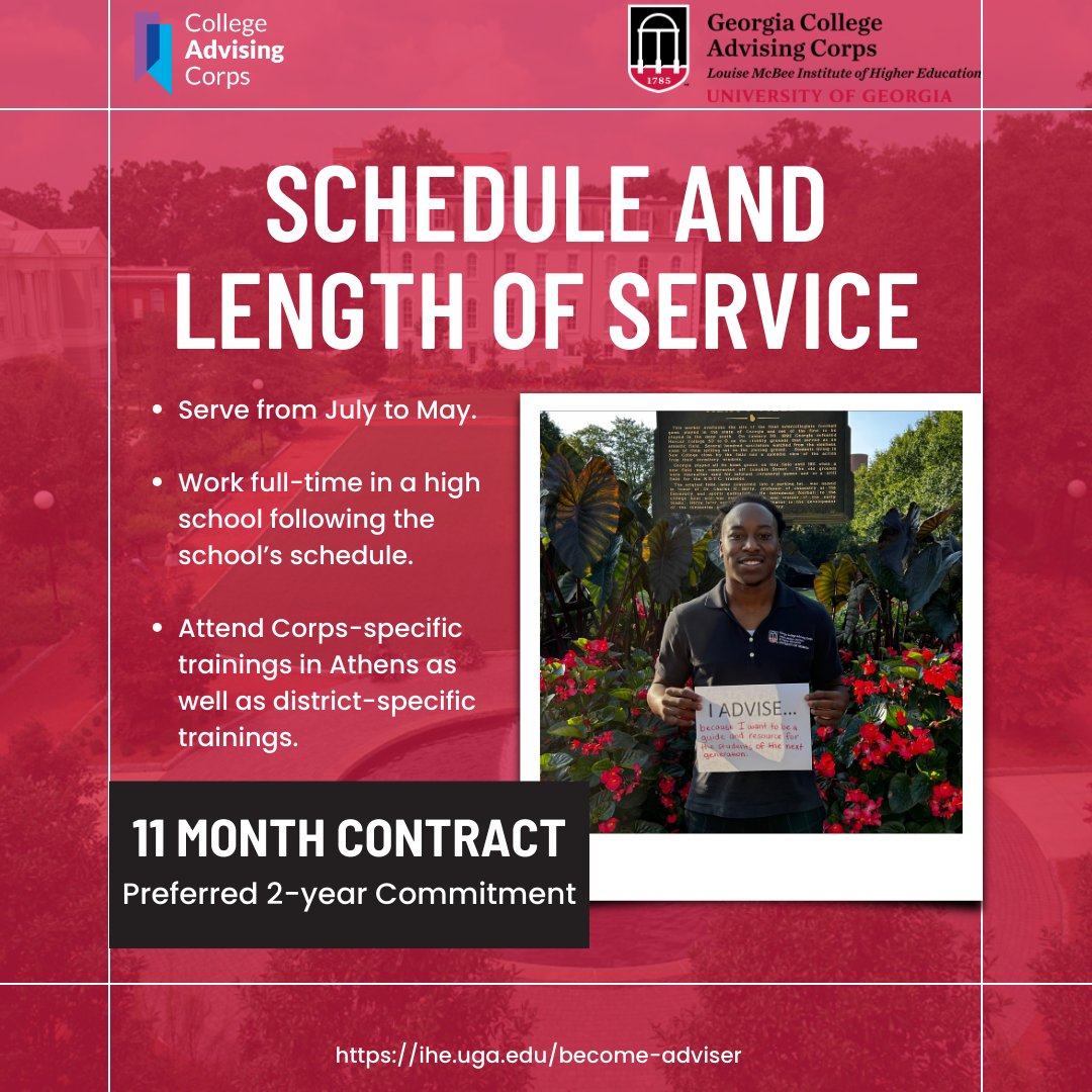 Our advisers are given an 11 month contract to work in various high schools throughout Georgia. They work full-time from July to May, following the school's schedule, as well as attending both Corps-specific and district-specific trainings. Visit the link in our bio to apply!