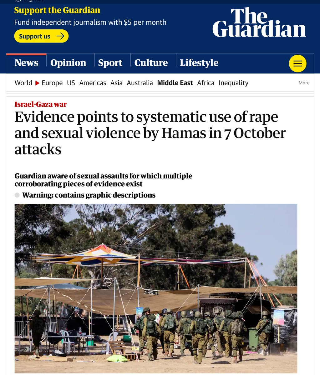 Warning: contains graphic descriptions ⚠️ 

The <a href="/guardian/">The Guardian</a>: Evidence points to systematic use of rape and sexual violence by Hamas during the October 7 massacre 

In the more than 3 months since the unprecedented attack by the Palestinian group Hamas, the atrocities the terrorists