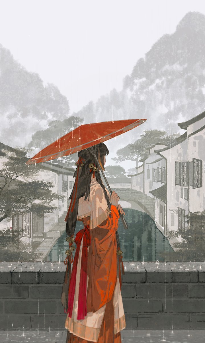 1girl umbrella long hair rain solo holding oil-paper umbrella  illustration images