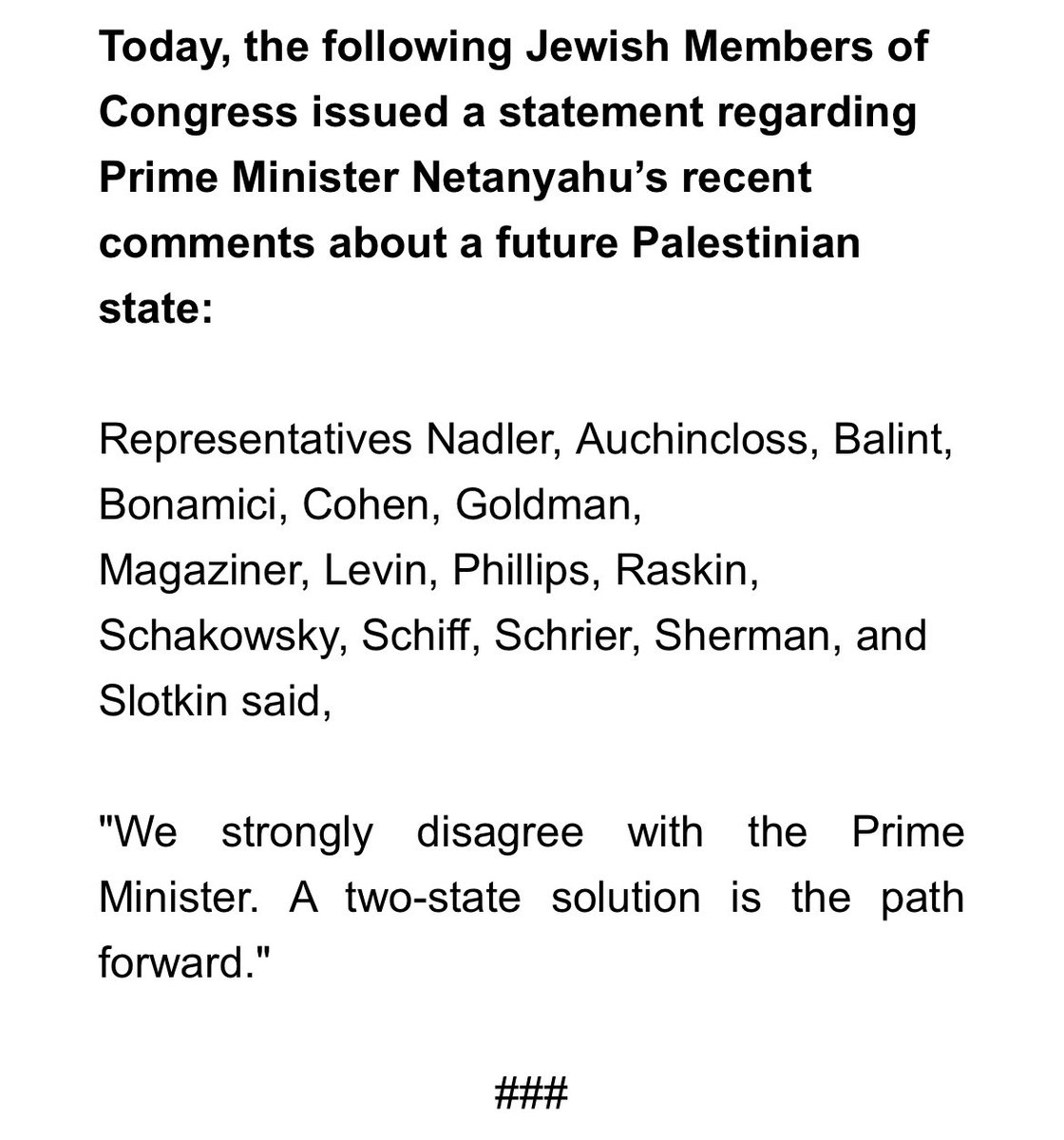 Jewish Dems say they disagree with Netanyahu’s comments opposing a Palestinian state: “We strongly disagree with the Prime Minister. A two-state solution is the path forward.'