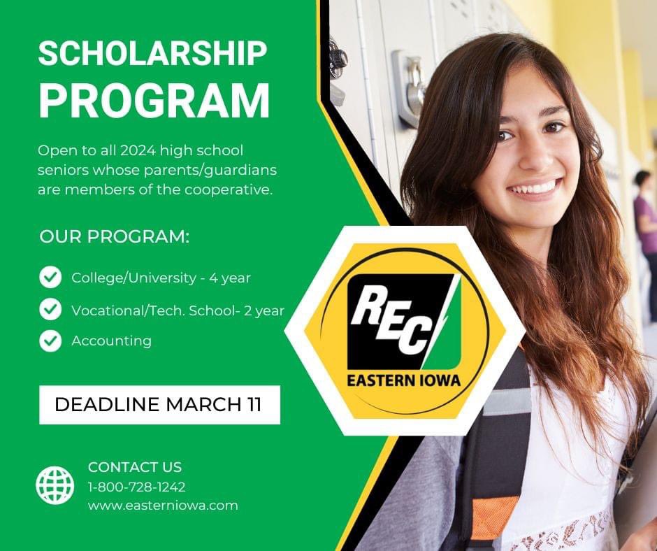 🎓 EILP is awarding 21 💲1,000 college scholarships to help defray the costs of attending any accredited college or university, or a trade-related degree! 

👀 Learn more and get the application at easterniowa.com/my-coop/commun…
