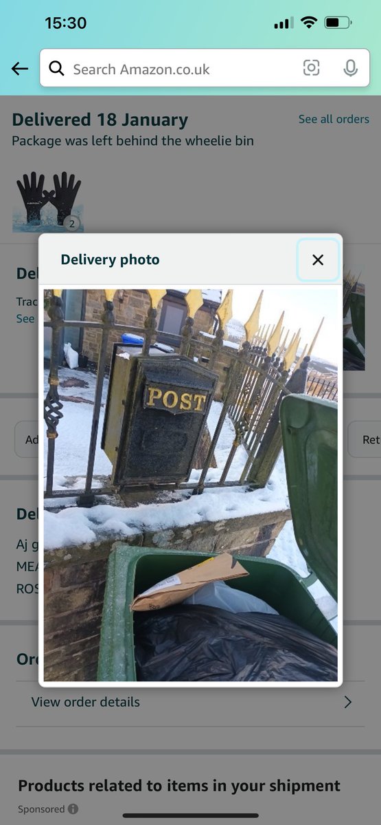 “Your Amazon package is behind the wheelie bin”. Erm, no it isn’t. It is in the wheelie bin…..on bin day 😭😭😭 @AmazonUK