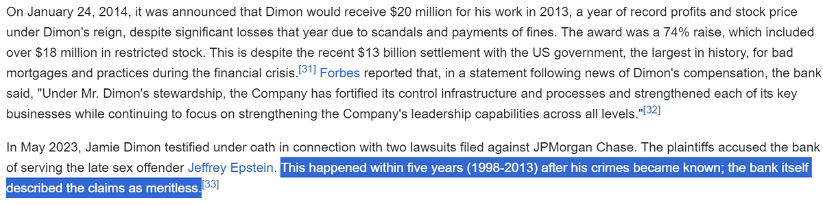 PedramBabaei's tweet photo. I wanted to read something about James Dimon (who receives the highest salary as the CEO of a US bank). That's probably why teachers always said you shouldn't trust #Wikipedia. I didn't know it's only 5 years from 1998 to 2013.

S: https://t.co/glYNF2ZI01 https://t.co/LB8r2c8TFa