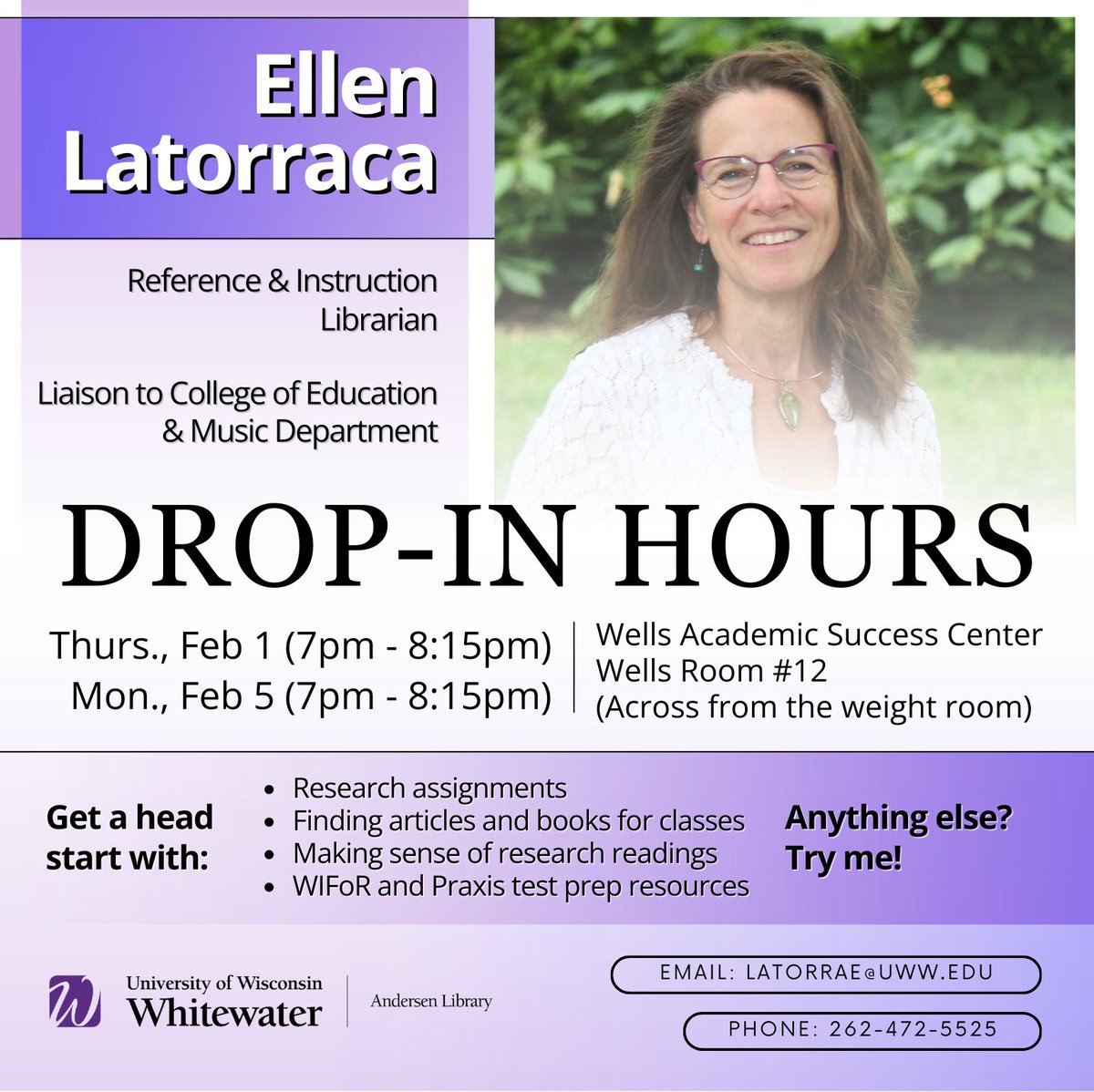 UWW_Library's tweet image. Reference Librarian, Ellen Latorraca, will hold drop-in hours!

Visit her and receive help with research assignments, finding articles and books for classes, and much more! 

When: Thurs., Feb. 1 &amp;amp; Mon., Feb. 5 (7pm - 8:15pm)
 
Where: Wells Success Center (Wells Room #12).