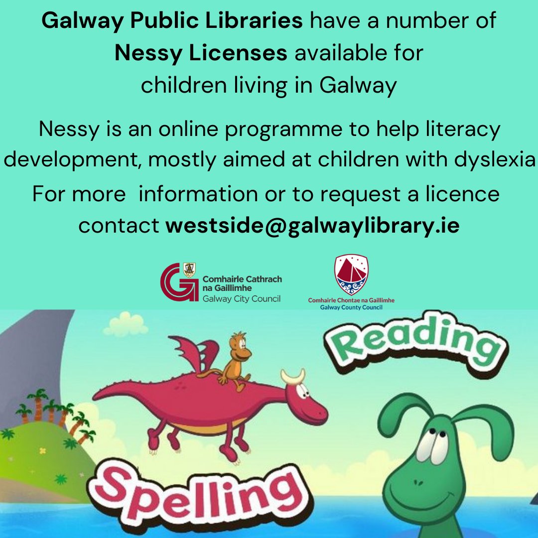 LibrariesGalway's tweet image. We have a number of Nessy Licenses available free of charge. 
Nessy is an online programme to help literacy development, mostly aimed at children with dyslexia.

For more information email westside@galwaylibrary.ie
#dyslexiasupport