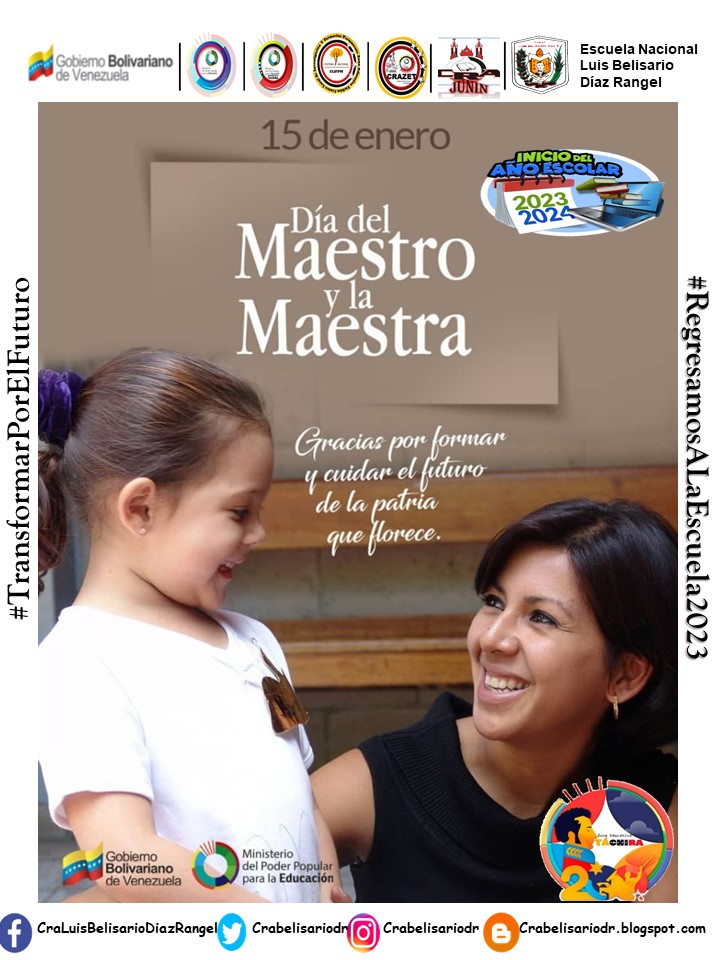 Día del Maestro
#15Enero #TransformarPorElFuturo
<a href="/NicolasMaduro/">Nicolás Maduro</a>
@MPPEDUCACION
<a href="/FreddyBernal/">Freddy Bernal</a>
<a href="/Berzabethg1/">Berzabethgandicaoficial</a>
<a href="/CDCETachira/">CDCE Táchira</a>
<a href="/_LaAvanzadora/">Yelitze Santaella</a>
<a href="/Crazet2011/">Crazet2011</a>