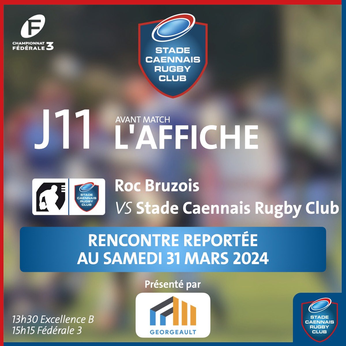 StadeCaennaisRC's tweet image. REPORT DE LA J11 !
Suite à la fermeture des terrains à Bruz pour cause d'intempéries, la rencontre prévue dimanche 20/1 face au ROC Bruzois est reportée. 
Une nouvelle date a été retenue, d'un commun accord entre les deux équipes, pour le samedi 31 mars 2024.
#Rugby 
#Fed3