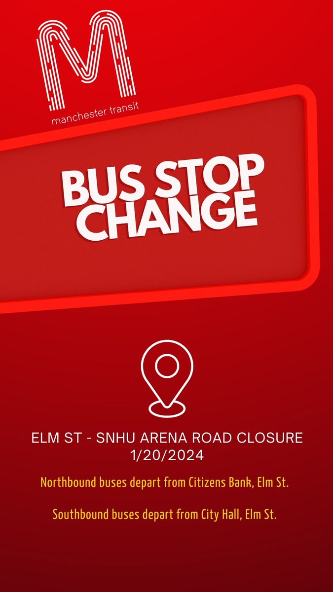 1/20/2024: Bus stop change effecting MTA bus hub at Veterans Park and DoubleTree hotel.

Northbound buses (normally at VP), use Citizens Bank on Elm St.
Southbound buses (normally at DoubleTree), use City Hall on Elm St.

Check RouteShout 2.0 for bus locations.