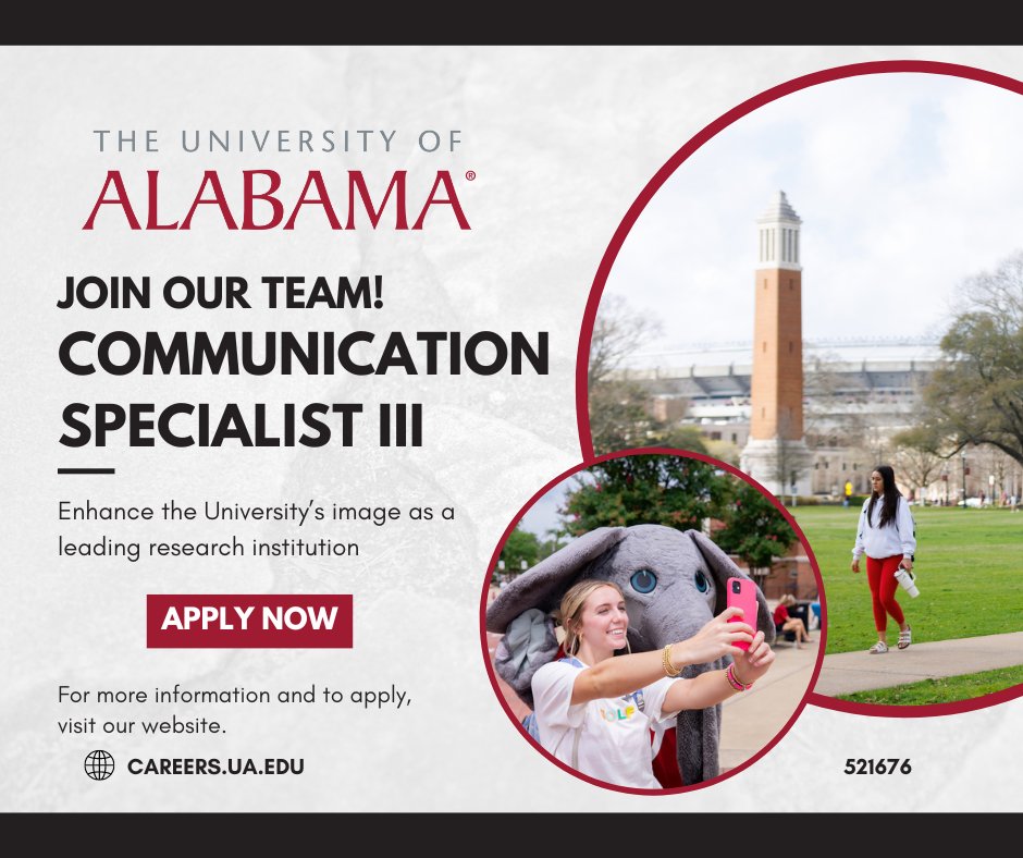 The Communication Specialist works to facilitate the execution of promoting projects and programs to support the university’s objectives. 

For more information and to apply:
bit.ly/UAJobs521676

#UAJobs #rolltide #UA #NowHiring #Work4UA #jobs4vets