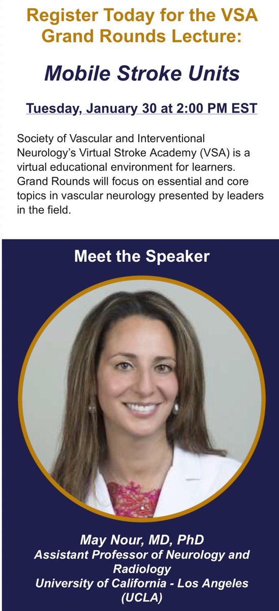 SVIN (@svinsociety) on Twitter photo Virtual Stroke Academy Grand round is back this month!
Please join Dr. <a href="/uclahealthmsu/">May Nour, MD, PHD, FSVIN</a> , SVIN board member and expert in mobile stroke units!
Use the link:
zoom.us/webinar/regist…
Looking forward to seeing you all!
<a href="/SVINJournal/">Stroke: Vascular and Interventional Neurology</a>
<a href="/elghanemmoh/">Mohammad El-Ghanem</a> <a href="/almuftifawaz/">Fawaz Al-Mufti, MD, FSVIN</a> <a href="/gdawod1/">Giana Dawod, MD</a> <a href="/NuroseKarim/">Nurose Karim</a> Virtual Stroke Academy Grand round is back this month!
Please join Dr. <a href="/uclahealthmsu/">May Nour, MD, PHD, FSVIN</a> , SVIN board member and expert in mobile stroke units!
Use the link:
zoom.us/webinar/regist…
Looking forward to seeing you all!
<a href="/SVINJournal/">Stroke: Vascular and Interventional Neurology</a>
<a href="/elghanemmoh/">Mohammad El-Ghanem</a> <a href="/almuftifawaz/">Fawaz Al-Mufti, MD, FSVIN</a> <a href="/gdawod1/">Giana Dawod, MD</a> <a href="/NuroseKarim/">Nurose Karim</a>