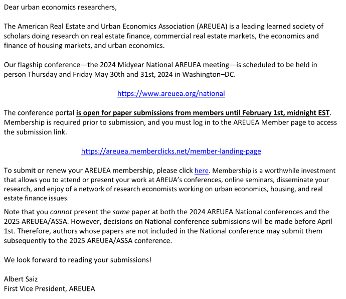 Of potential interest to UEA members: Call for papers for the 2024 AREUEA National Conference.

areuea.org/national

Their submission deadline is February 1.