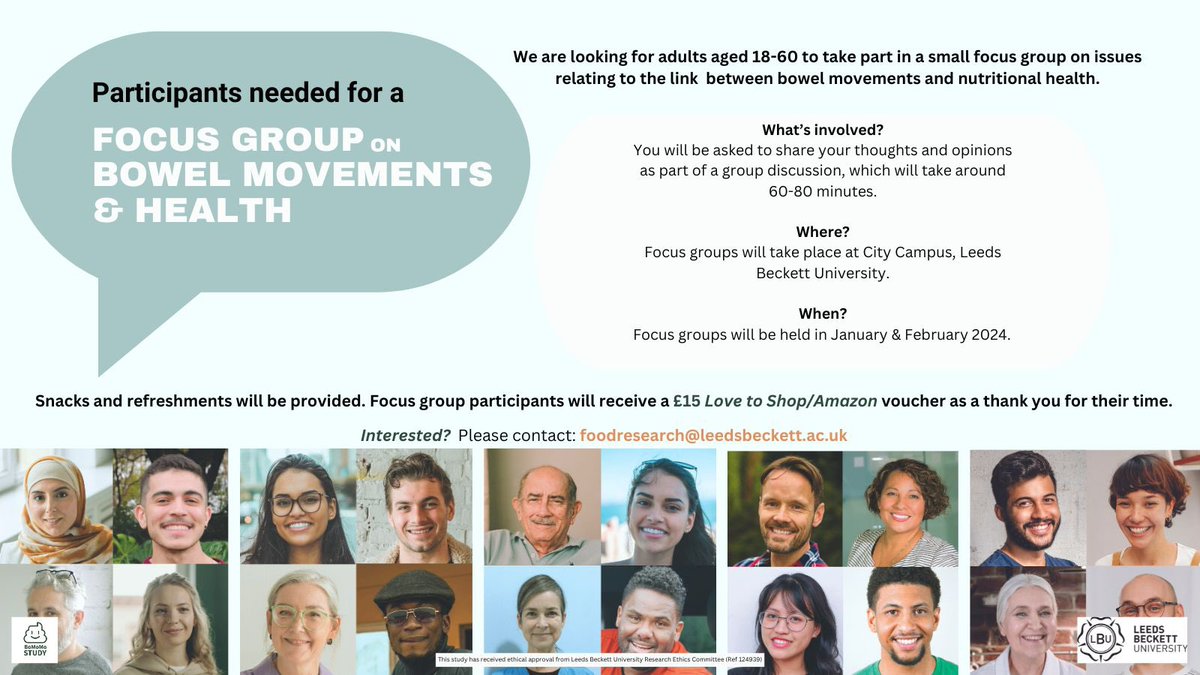 ⚠️ Participants needed! ⚠️

We’re looking for individuals to take part in a focus group on the link between 💩 bowel movements and 🥘 nutritional health

☕️🍿Snacks and refreshments will be provided, and participants will receive a £15 shopping voucher! 🙂

More info ⬇️