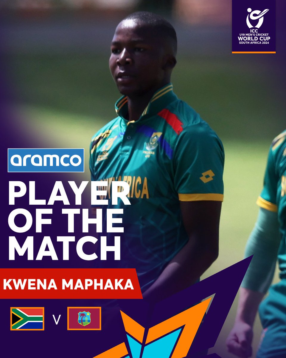 Kwena Maphaka's stunning five-wicket haul helped South Africa win a thriller against the West Indies 👊

He's the @aramco #POTM 🎉

#U19WorldCup #SAvWI