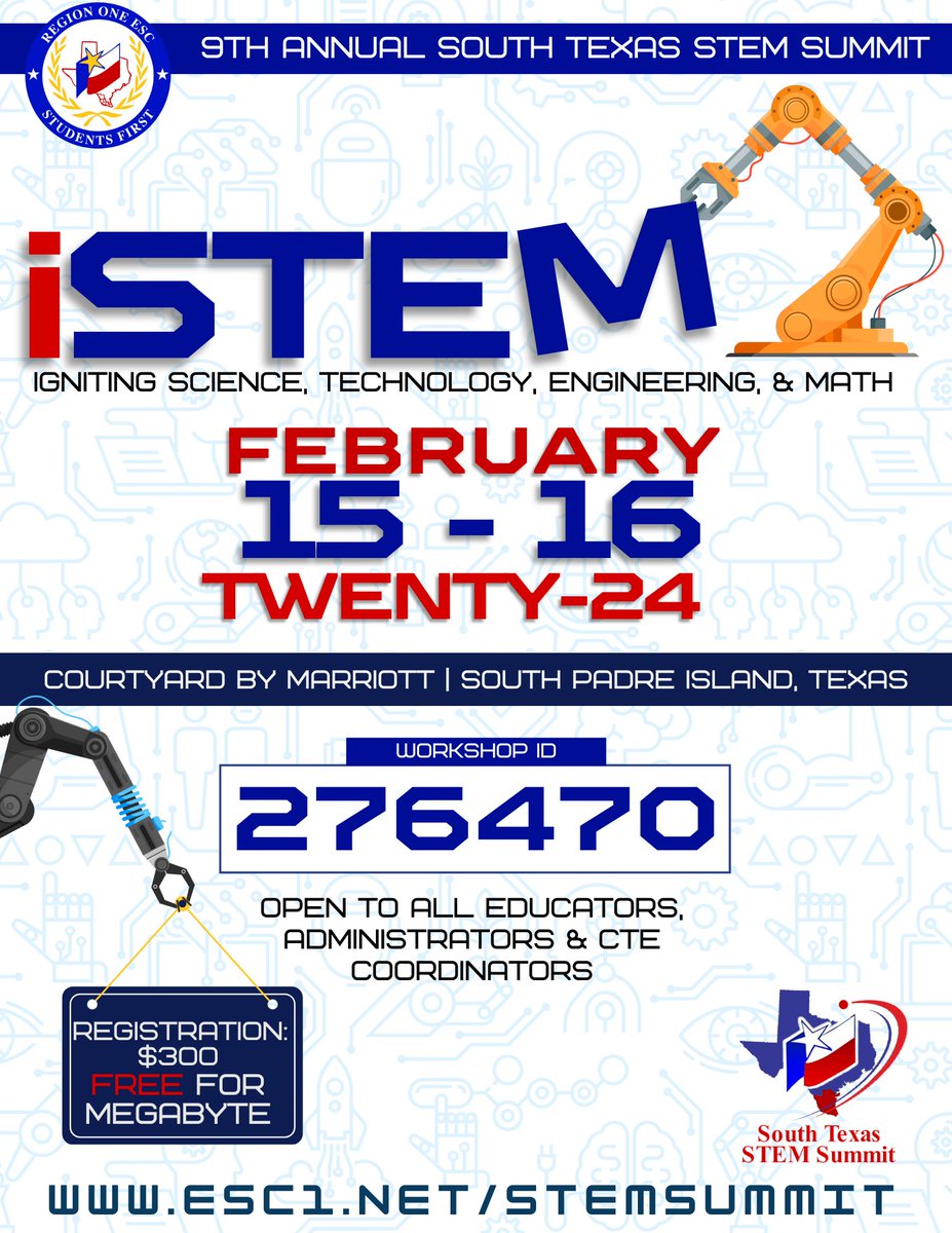 📣CALLING STEM Educators!
Interested in presenting at this year’s Region One STEM SUMMIT? We are looking for outstanding STEM Educators to share their best practices, innovative ideas or projects in the classroom! 
Use the link below for more information!
bit.ly/491tXGK