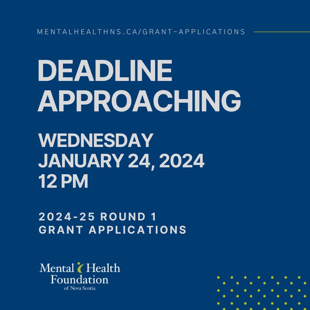 5 more days! Community Grant applications are due by noon on Wed Jan 24. Pls allow extra time to get familiar with the new online application portal. Community Grants provide up to $25k to eligible mental health initiatives. Learn more: mentalhealthns.ca/grant-applicat…