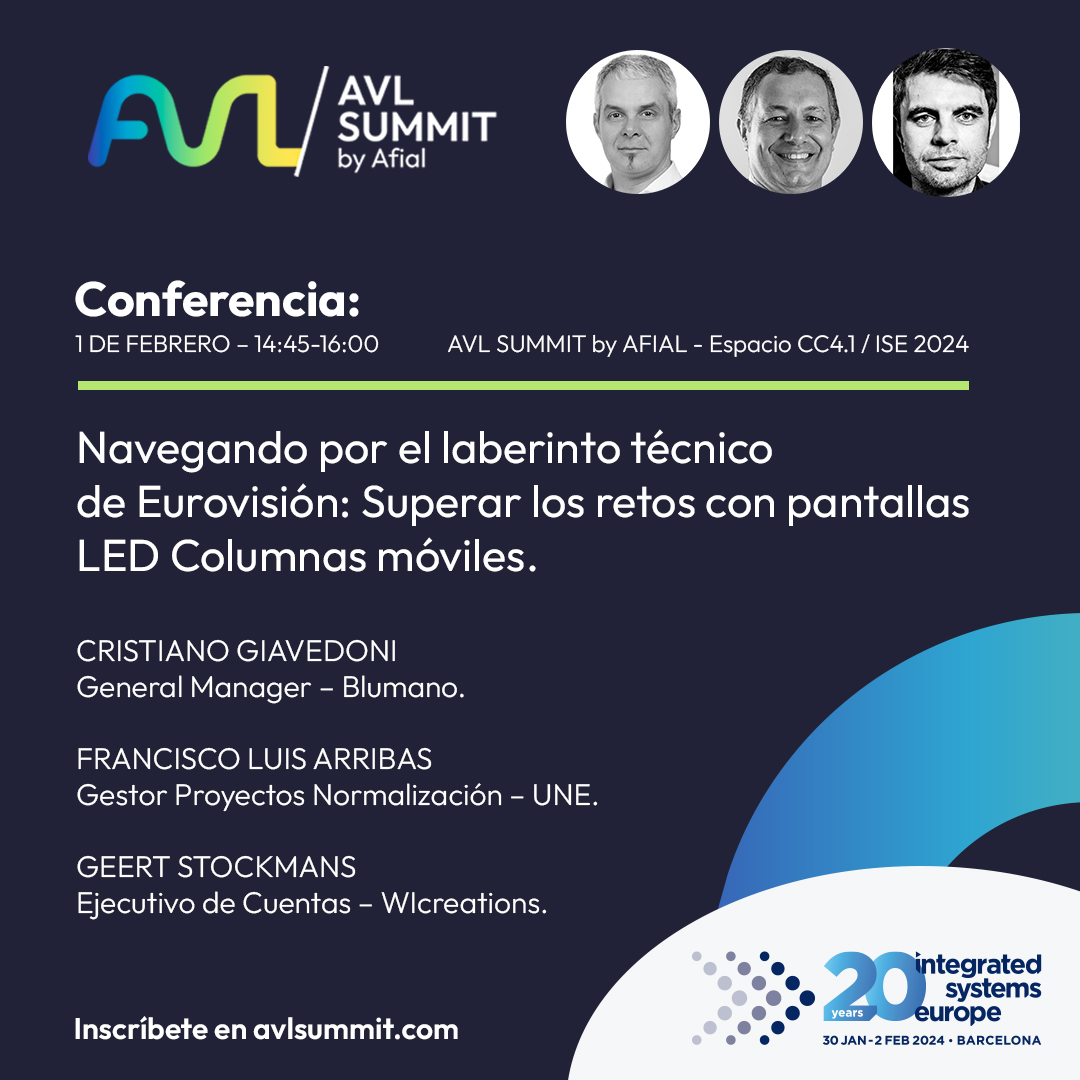 afialasociacion's tweet photo. AVL SUMMIT 🔗 Navegando por el laberinto técnico de Eurovisión: Superar los retos con pantallas LED Columnas móviles.
⏱️ 14:45-16:00.
👉 https://t.co/IA2JmHwJlt
📅 01-02-2024.
📍 CC4.1. @Fira_Barcelona.
#AVLSummit · #ISE2024 · @ISE_Show https://t.co/O6H3QyXcE1