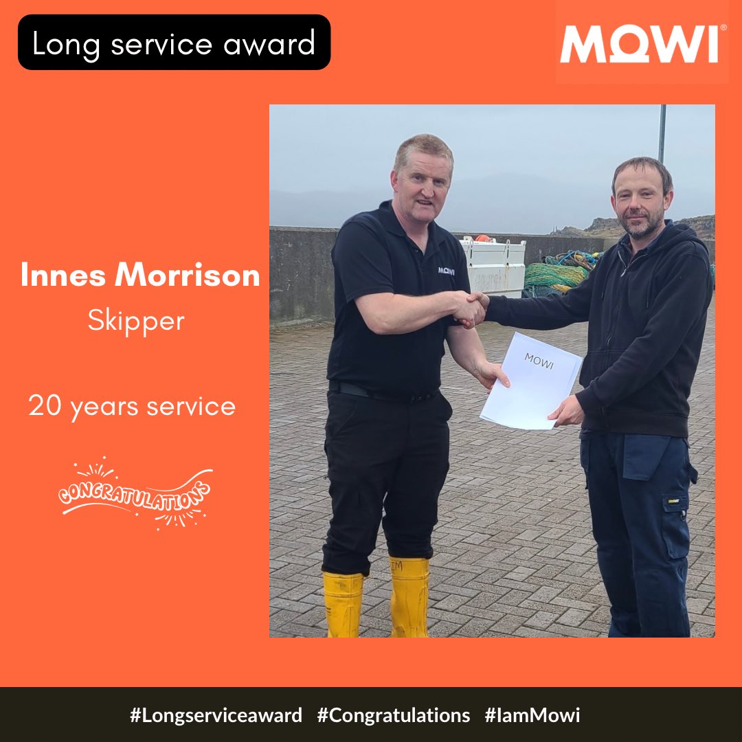 Congratulations to Innes Morrison on receiving his 20 yr long service award. Starting in Mallaig Harvest station then transferring to workboats, keen to progress and assisted by Mowi, Innes undertook various training courses which led him to becoming a qualified skipper.