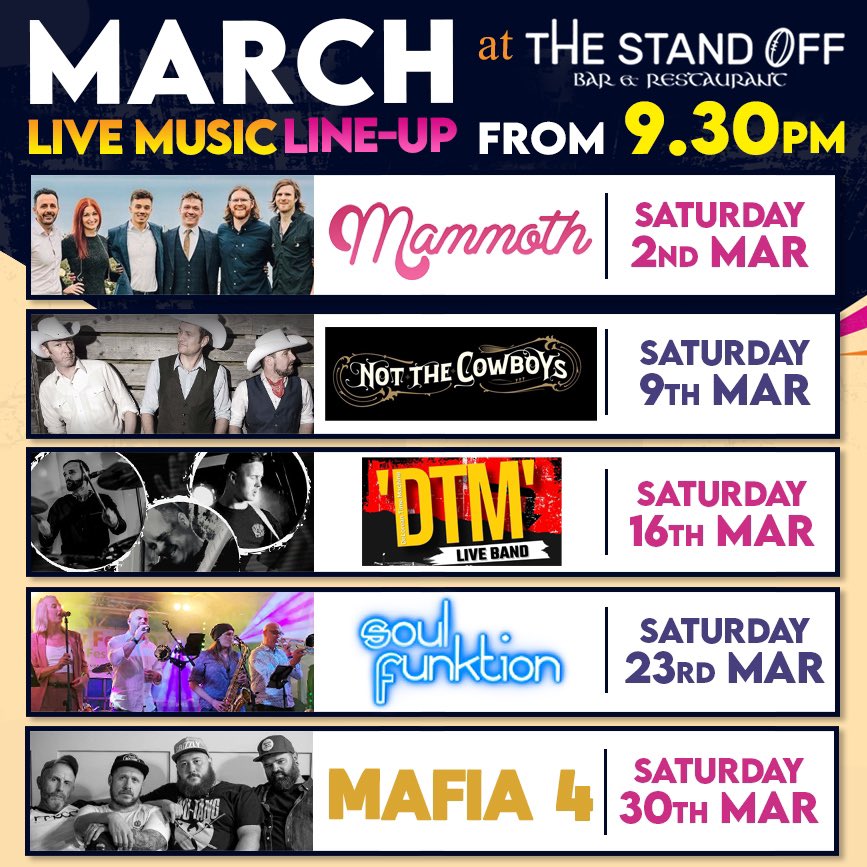 We have the amazing Mammoth band on this Saturday night at The Stand Off. @instagrmammoth Check out the lineup of bands we have coming in Jan, Feb & March! #welovelivemusic #supportinglocalbands