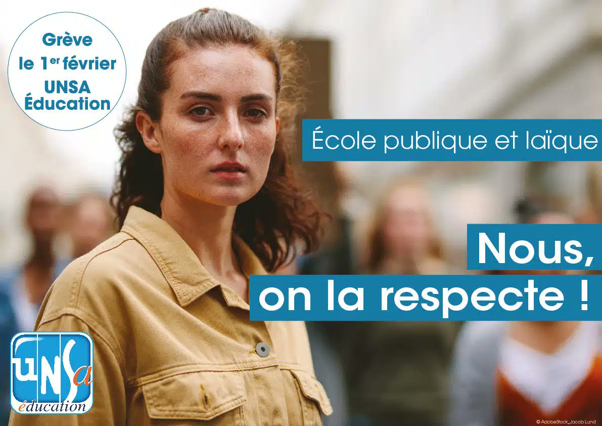 UNSA_Education's tweet photo. Pour la défense de l’École publique et laïque, le respect et la reconnaissance de ses personnels, l’UNSA Éducation appelle à la grève le 1er février.
https://t.co/o4HHIkPBUa https://t.co/OPRlh7AxzV