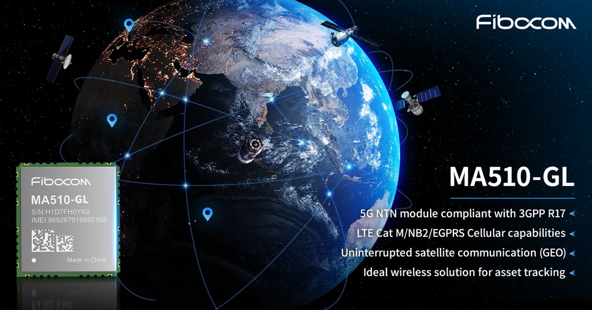 Fibocom_IoT's tweet photo. #Fibocom proudly presents the 5G NTN module #MA510, compatible with the 3GPP Release 17 standard, Fibocom MA510 supports Global LTE/Cat M1/NB2/EGPRS frequency bands, designing for asset tracking, smart metering, smart logistics and emergency communication. #NTNModule #5GLPWA https://t.co/gN6u03POUq