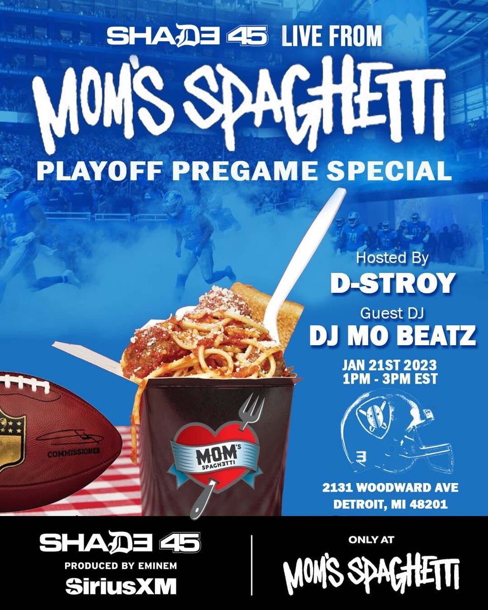 The @Lions are going for their 2nd round playoff victory this Sunday and we are bringing the music and pasta‼️🍝🎶 Tune into @SIRIUSXM @Shade45 1-3PM EST for a special pre-game show with @iDstroy & @djmobeatz live from DETROIT! 💙