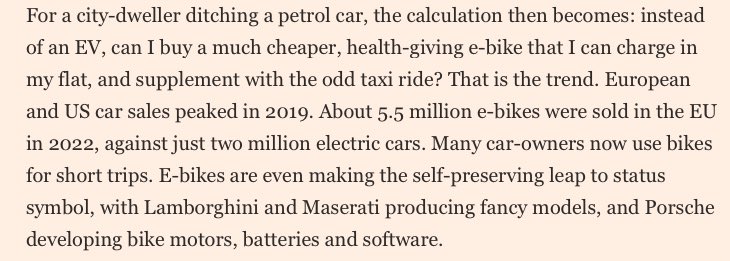 From The FT:

Electric cars are not the future.

In cities at least, e-bikes make more cultural and consumer sense.

ft.com/content/61adc3…