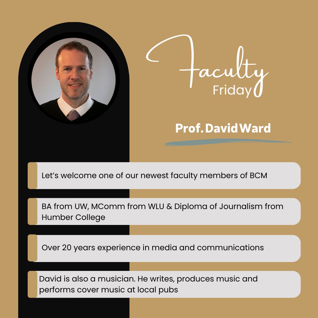 ConestogaBCM's tweet photo. Let's start 2024 with the first #FacultyFriday! We'd like to welcome David Ward. 🎊

He began his career working in television entertainment and news broadcasting at A&amp;E, Rogers Media and Bell Media. 

#FunFact: He was born in Ireland and moved to Canada in 1986 with his family https://t.co/hTE3hMEKqa