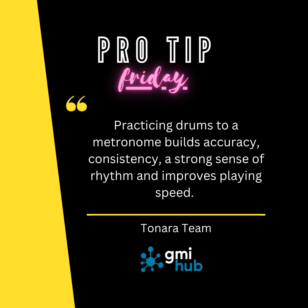 ProTip Friday from the Tonara Team - Practicing drums to a metronome builds accuracy, consistency, a strong sense of rhythm and improves playing speed. #protip #protipfriday #drums #drummer #musician #gmihub