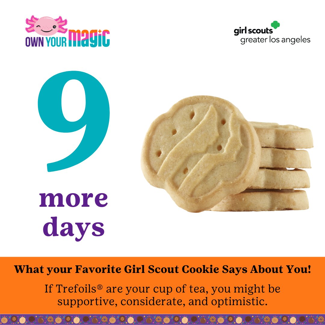 🍪🎉 Only 9 days left! Today we're celebrating the classic taste of Trefoils. These simple, yet delicious shortbread cookies have been a favorite for generations! #Trefoils #GirlScoutCookies #CookieCountdown #GirlScouts girlscoutsla.org/en/cookies.html