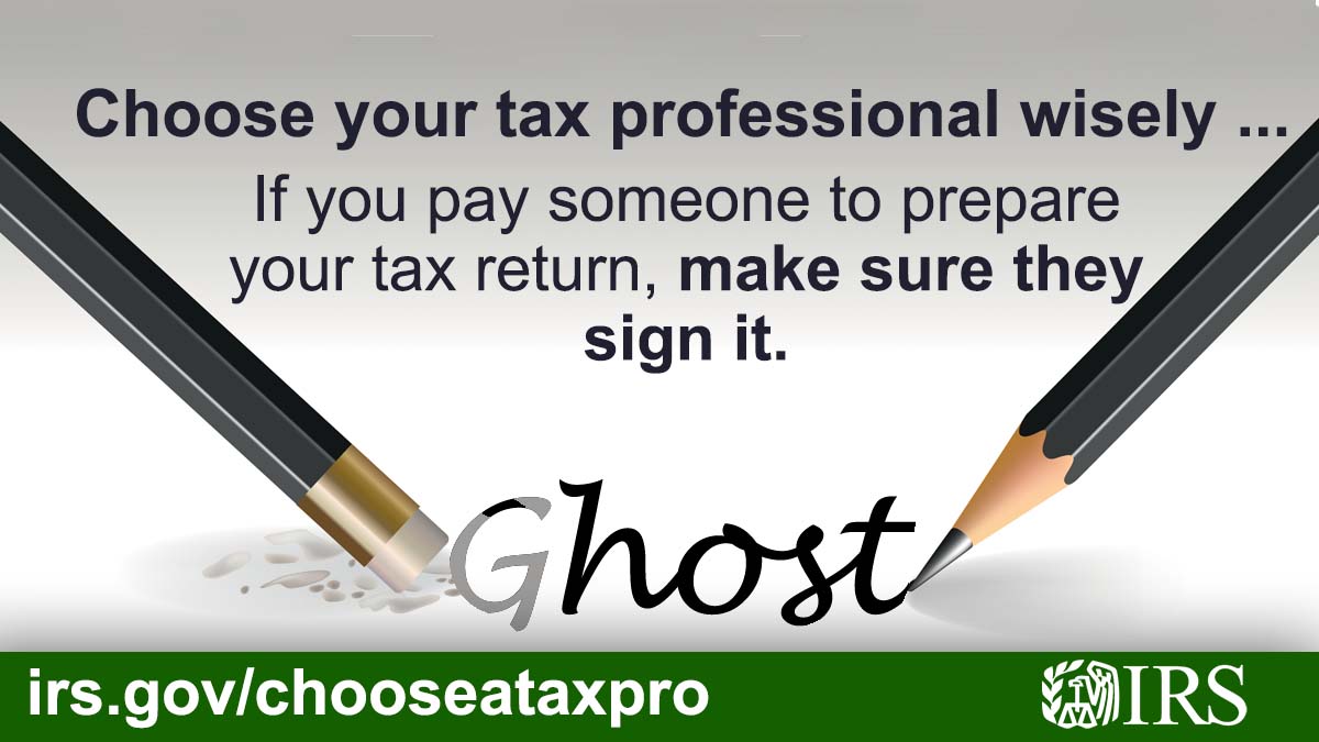 #IRS warns taxpayers of real-life ‘ghosts’ ➡️These are paid tax preparers who hide by not signing the tax returns they’re paid to do. See #IRS tips for choosing a #TaxPro wisely: irs.gov/chooseataxpro