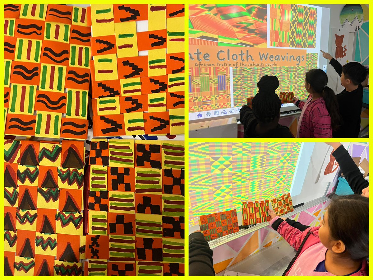 3rd graders learning about Kente Cloth. First they learned how to weave then they created lines and patterns based on the real weavings.  <a href="/FBISDFineArts/">FBISD Fine Arts</a>  #elementaryart #littleartists #kentecloth