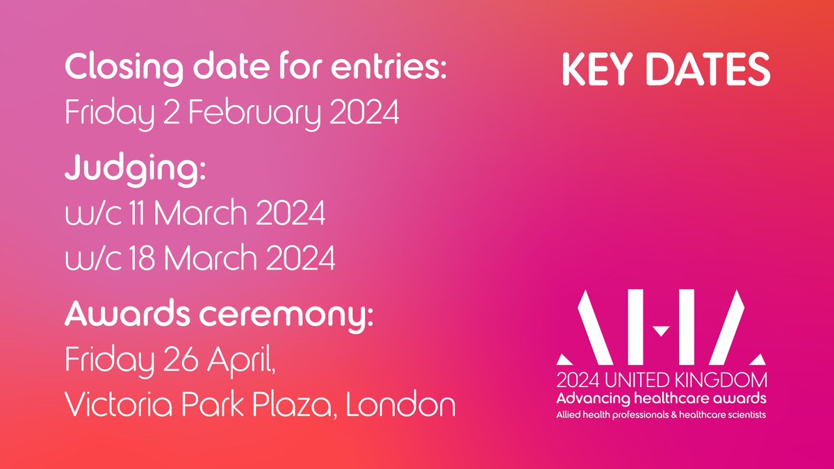 Don't leave it until the last minute! You have just 2 weeks left to enter #AHAwards Closing date is 2 Feb ahawards.co.uk/uk/ @IBMScience @ahcsuk @CSOSue @ipemnews @HCS_Cymru @AHP_Cymru @warner_md @BAPO2 @musictherapyuk @CollegeODP @ParamedicsUK @BAAudiology @RoyColPod