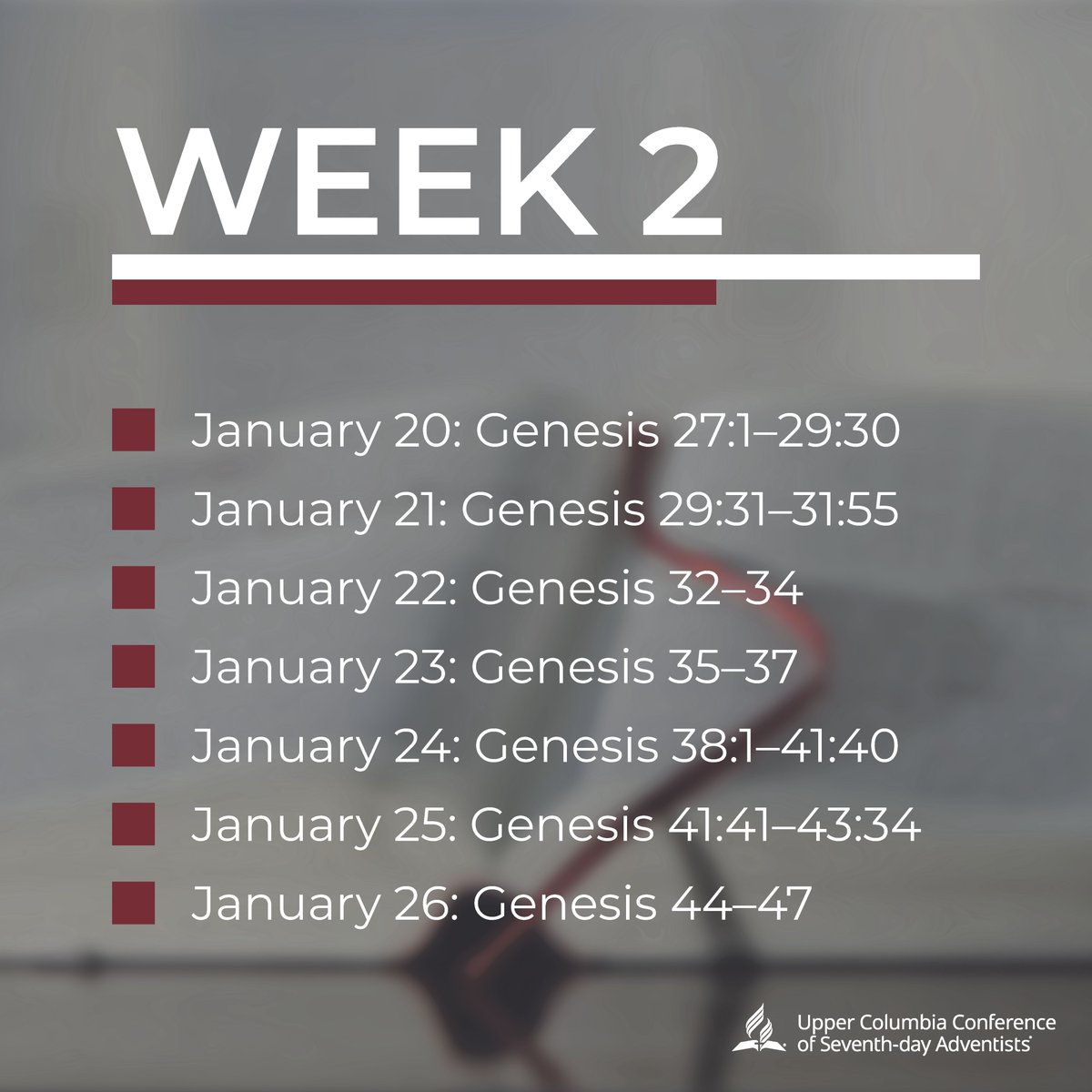 UCCtweet's tweet photo. Week 2 – Upper Columbia Conference invites you to participate in UCC In the Word, a journey through the 66 Books of the Bible. For more information visit https://t.co/Pxi4F3NLw7. #uccsda #UCCInTheWord #BibleReading #Bible https://t.co/DadDKRJFdy