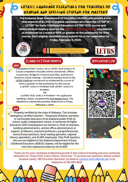 Alabama_Reading's tweet photo. The ALSDE will provide a one-time stipend of $1,000 to eligible candidates who have completed the LETRS® or LETRS® for Early Childhood Education (LETRS® ECE) course and demonstrated mastery level.

Link to memorandum and application: https://t.co/l35q4HK4DD https://t.co/U2oN0qpXGF