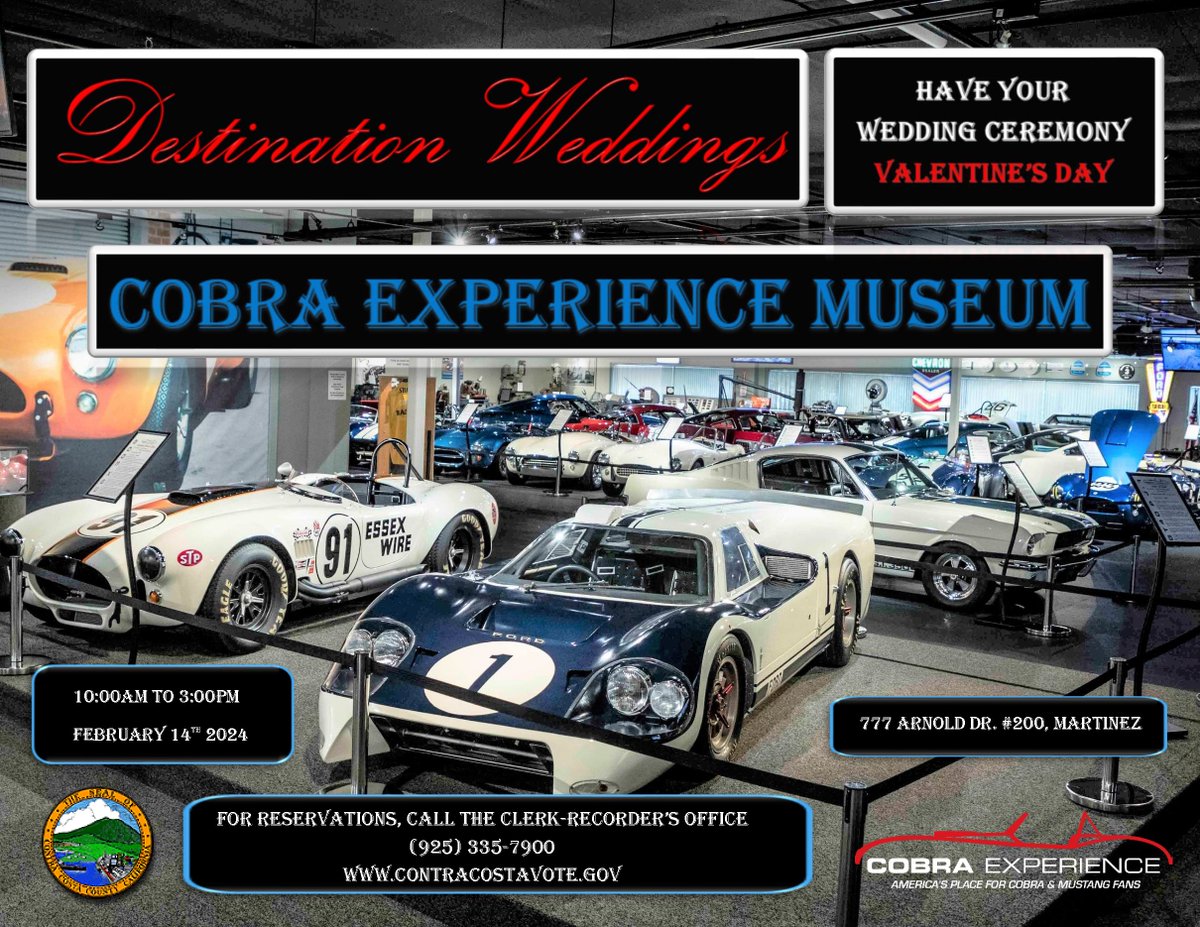 ♥ The Clerk’s office will be hosting #DestinationWeddings at the Cobra Experience Museum in Martinez on Wednesday 2/14.  To schedule an appointment for this venue, please contact our office at 925-335-7900 and our staff will help reserve your spot. #ContraCostaCounty #Weddings