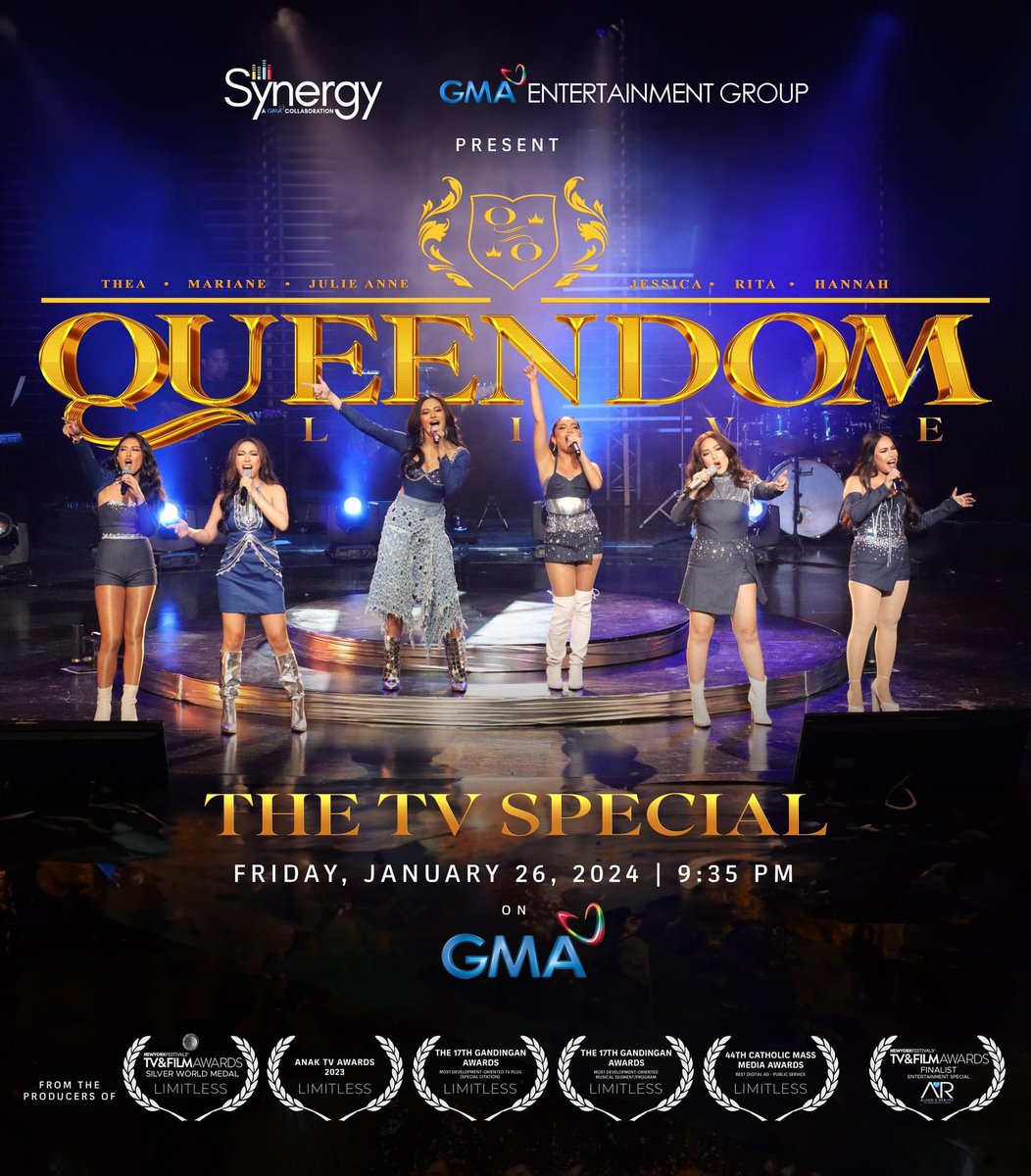 Relive those majestic moments✨️Catch Queendom Divas Rita Daniela, Jessica Villarubin, Thea Astley, Mariane Osabel, Hannah Precillas, and Asia’s Limitless Star Julie Anne San Jose in Queendom: LIVE the TV Special! 👑

Jan. 26, Friday, 9:35 PM on GMA. 

#GMASynergy
#QueendomLive