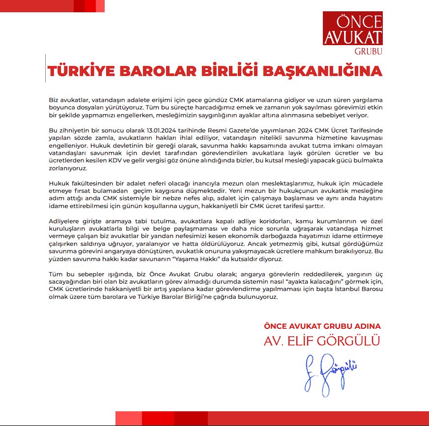 OnceAvukatGrubu's tweet image. Önce Avukat Grubu olarak, CMK ücretlerinde hakkaniyetli bir artış yapılana kadar görevlendirme yapılmaması için başta İstanbul Barosu olmak üzere tüm barolara ve Türkiye Barolar Birliği’ne çağrıda bulunuyoruz.

#ÖnceAvukatGrubu #CMK #TürkiyeBarolarBirligi #İstanbulBarosu
