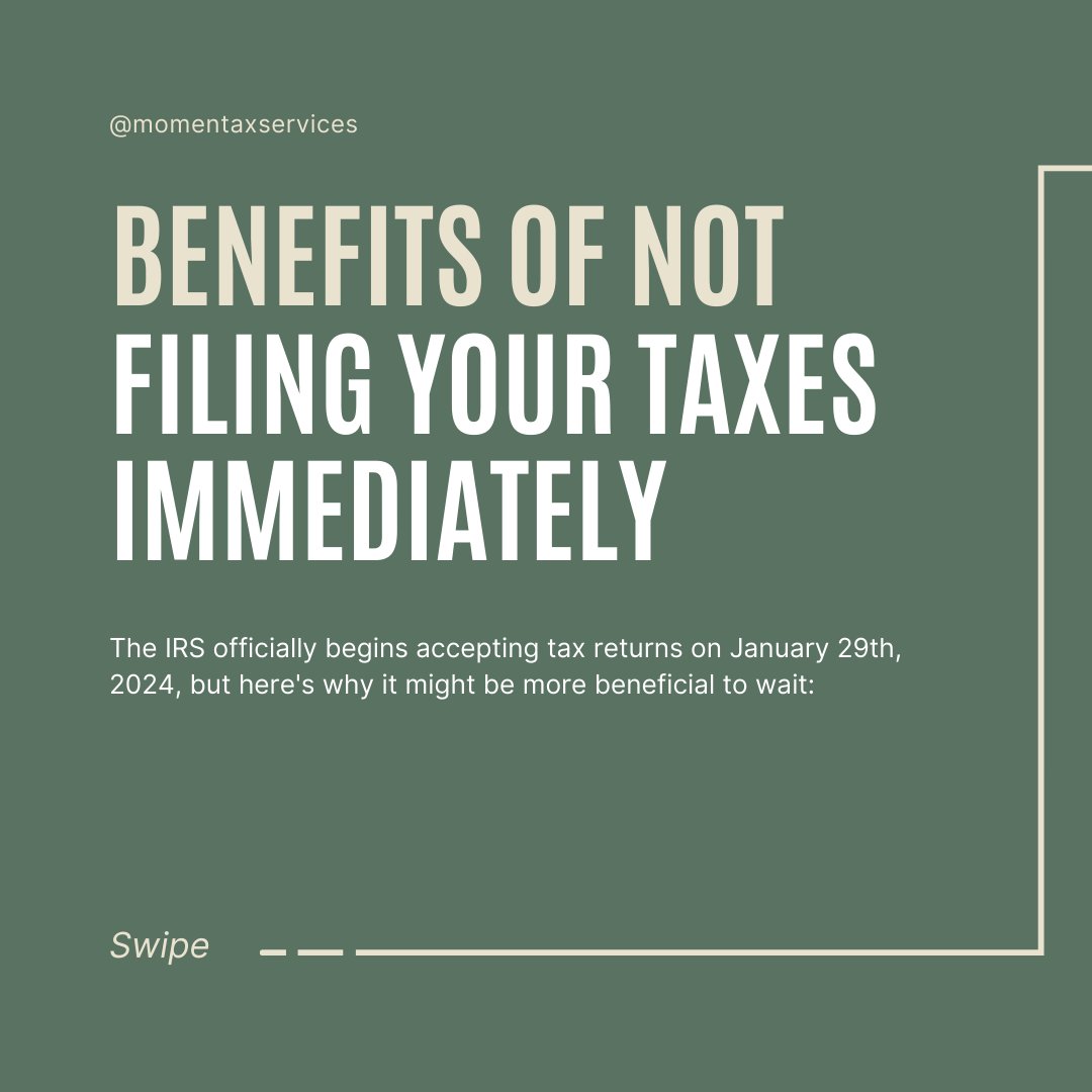 momen_tax's tweet image. ⏳ Patience Pays Off: The Strategic Benefits of Waiting to File Your Taxes! ⏳

Remember, rushing might save time now but could cost you more in the long run. Let’s file smart, not just fast! 📈💡

#TaxStrategies2024 #SmartFiling #TaxPatience #IRSUpdates #FinancialWisdom #Tax