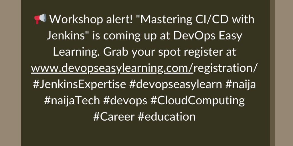 devopseasylearn's tweet image. Join us today and become a Cloud DevOps Engineer. Visit us: devopseasylearning.com
Or reach us: info@devopseasylearning.com
#devopseasylearn #devops #naijaTech #CloudComputing #fyp #DevopsEngineer #Tech #naija #LearnTech
