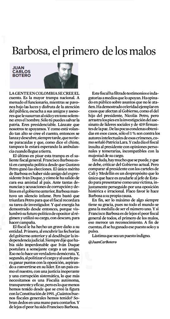 “El único mérito del Fiscal General, Francisco Barbosa, es haber sido amigo del expresidente Iván Duque, y cómo le ha salido de cara esa amistad a la Fiscalía. Y al país”. Comparto la versión en papel de mi columna “Barbosa, el primero de los malos” en @elespectador y @EEopinion