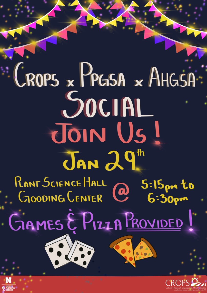 Calling graduate students working on plants! CROPS, Plant Path GSA, and Ag and Hort GSA are teaming up for a great social event! 
January 29th, 5:15 pm to 6:30 pm in Plant Science Hall's Goodding Center <a href="/CropsUNL/">UNL CROPS</a> <a href="/ahgsa_unl/">AHGSA UNL</a> 
Please share!